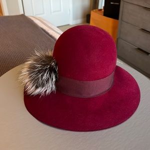 MARZI Handmade fedora with 100% real fur detail Deep wine color